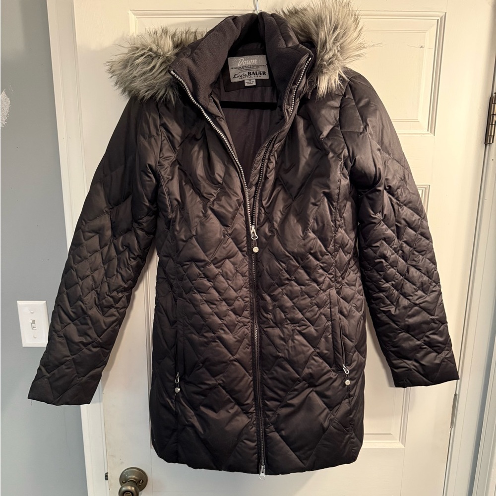 Eddie Bauer Womens Charcoal Down Coat with Faux Fur Hood